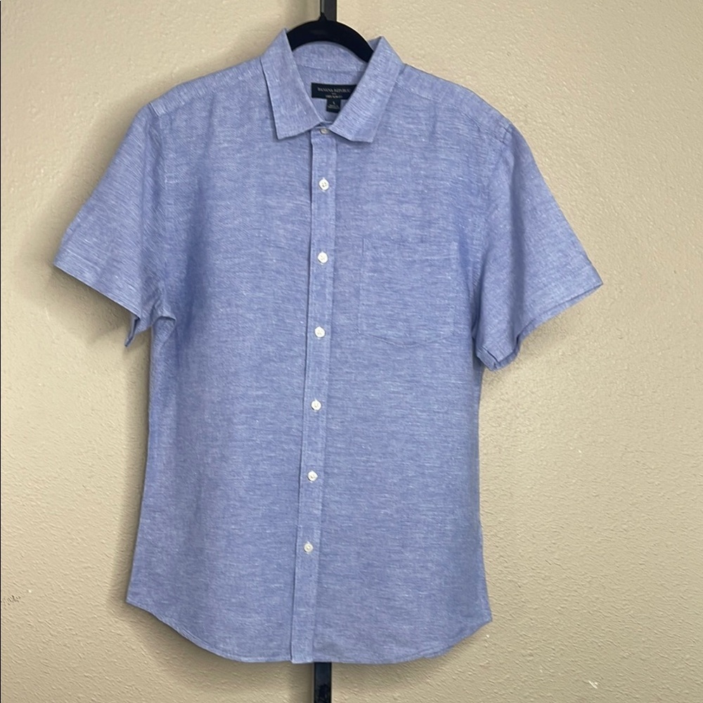 Banana Republic Men’s Slim Linen-Blend Shirt Blue Short Sleeve Button Down Sz L